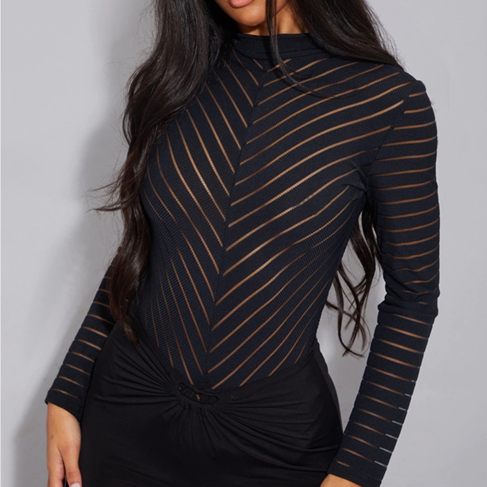 Pretty Little Thing Black Chevron Long sleeve thong bodysuit